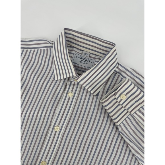 Charles Tyrwhitt Shirt 16 1/2 35 Mens Maroon Blue Striped Tailored Fit Dress - Picture 1 of 10